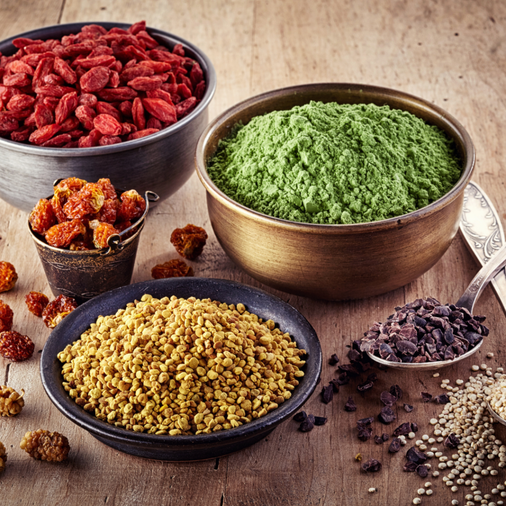 A selection of superfoods in wooden bowls on a wooden table top